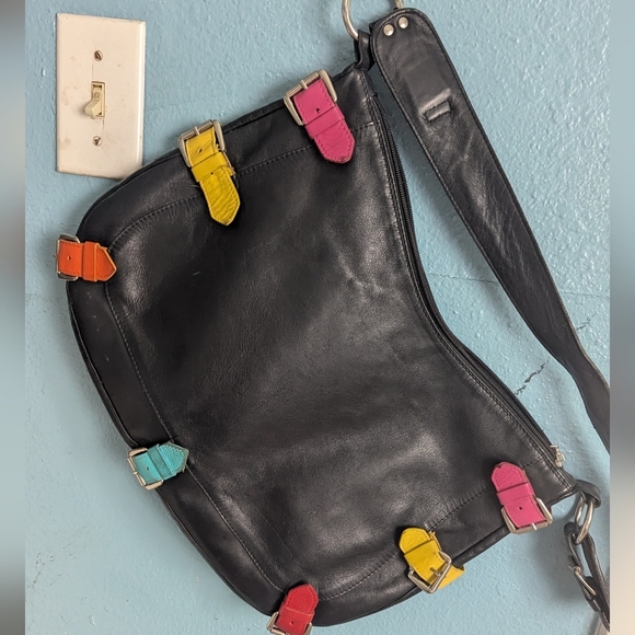 berge Handbags - Derge Colorful Buckle Black Leather Shoulder Bag